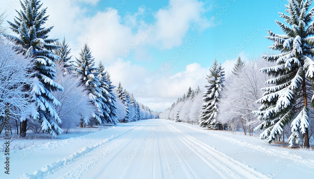 Winter road lined with snowy trees under a blue sky Winter road lined with snowy trees under a blue sky
