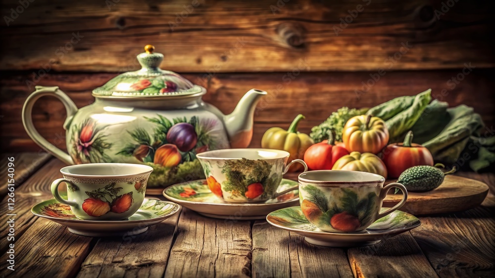 Fototapeta premium Vintage Elegant Vegetable Tea Set, Still Life Photography
