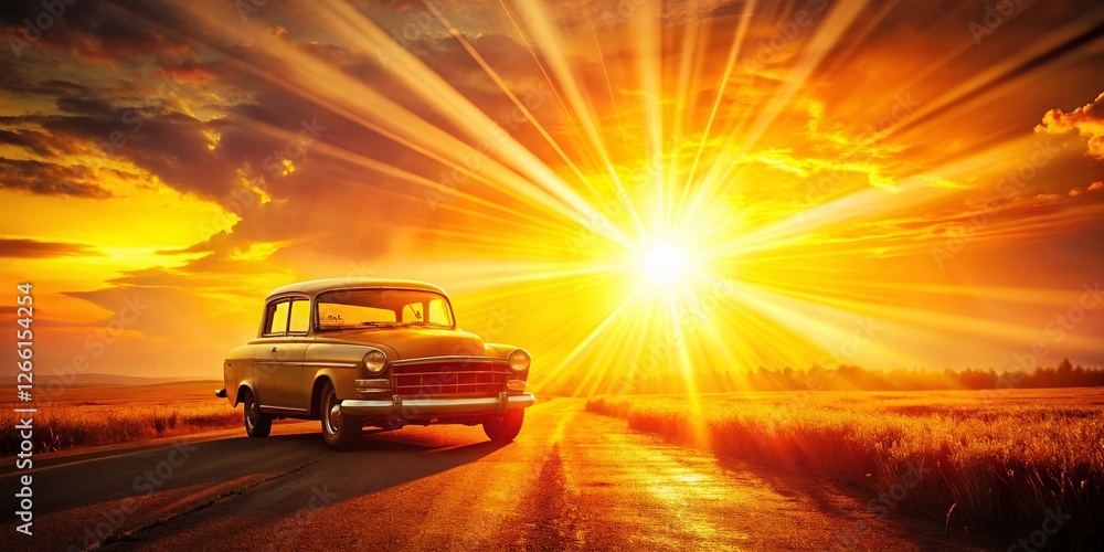Fototapeta premium Vintage Fiery Sunset Light Leak Stock Photo - Dramatic Orange & Yellow Background
