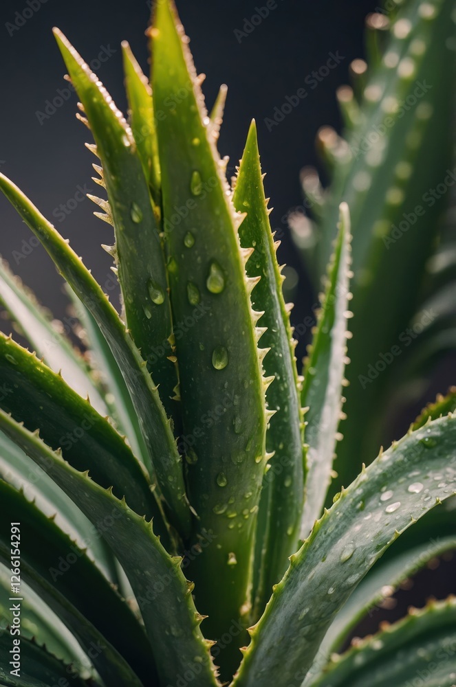 Close-up of aloe vera leaves with droplets, showcasing its natural beauty and texture. Close-up of aloe vera leaves with droplets, showcasing its natural beauty and texture.