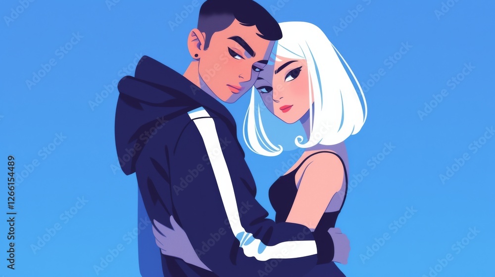 Obraz premium A cute couple, boy with black hair and girl with white short curly hair, looking at the camera
