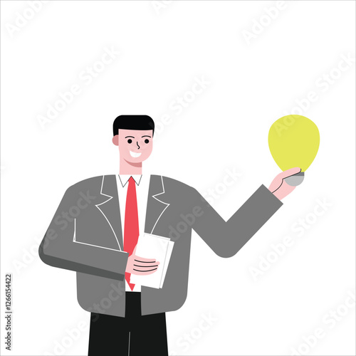 Businessman man gets an idea. Male worker holds a lamp. Worker brainstorming. Flat design vector illustration isolated on white background