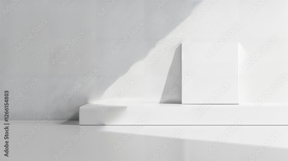 Minimalist design featuring a white pedestal on a light grey background with natural light creating soft shadows Minimalist design featuring a white pedestal on a light grey background with natural light creating soft shadows