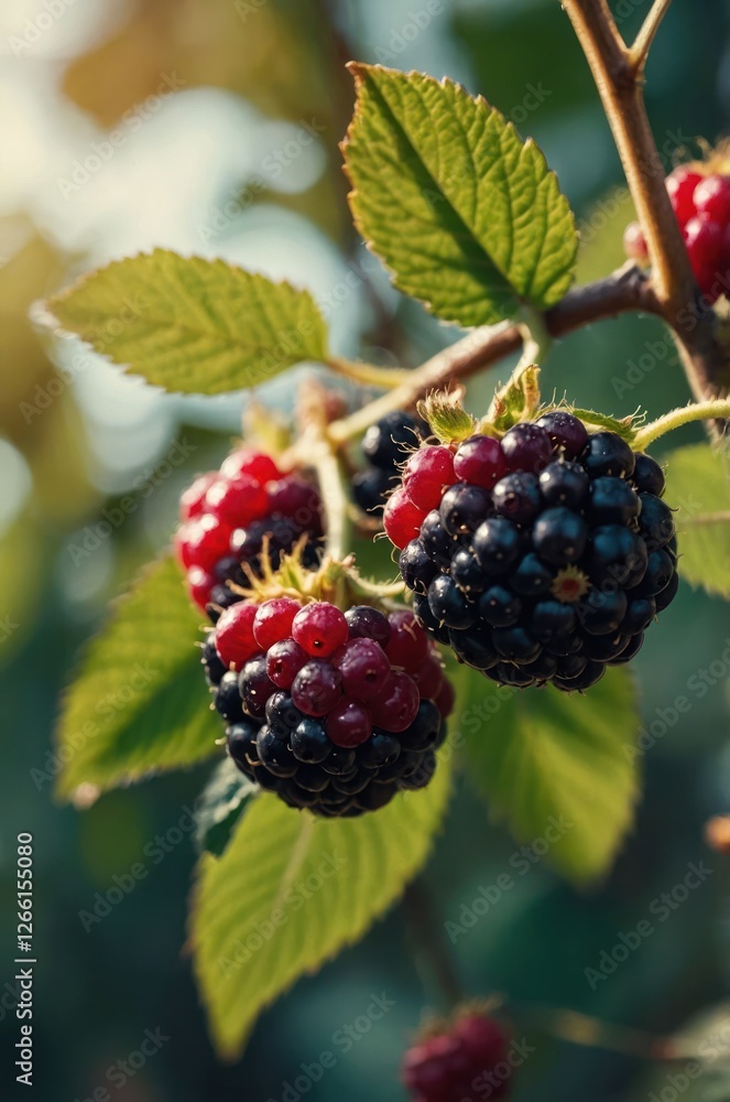 Close-up of ripe blackberries on a vine with green leaves in a natural setting. Close-up of ripe blackberries on a vine with green leaves in a natural setting.