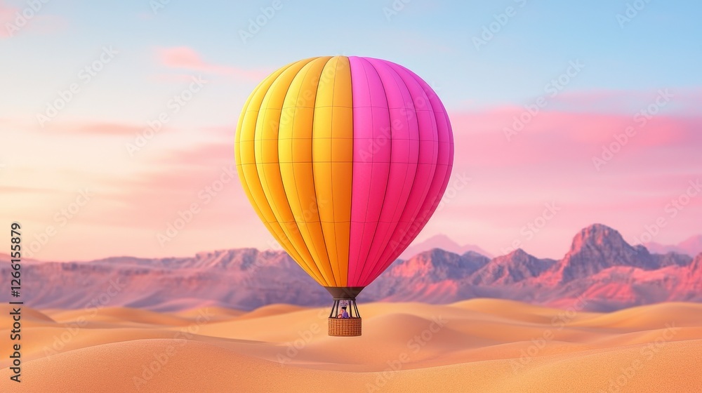 Vibrant Hot Air Balloon Floating Above Beautiful Desert Landscape at Sunrise with Colorful Sky and Mountains