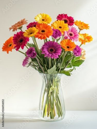 Wallpaper Mural Colorful bouquet of gerbera daisies arranged in a clear glass vase on a light background. Generative AI Torontodigital.ca