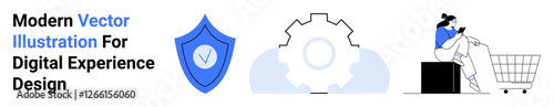 Blue shield with checkmark, gear setup icon, and person browsing on phone in shopping cart. Ideal for e-commerce, user experience, cybersecurity, technology, teamwork, innovation flat landing page