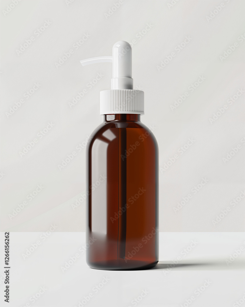 Fototapeta premium Brown glass bottle with white pump top on a light background showcasing minimalistic and modern design