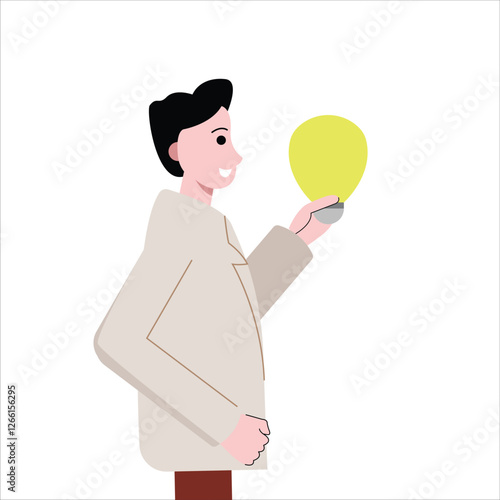 Businessman man gets an idea. Male worker holds a lamp. Worker brainstorming. Flat design vector illustration isolated on white background