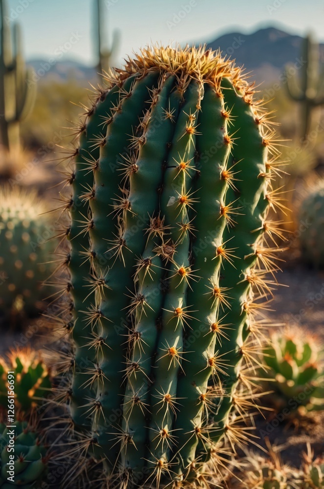 A tall cactus with spines stands in a desert landscape under warm sunlight. A tall cactus with spines stands in a desert landscape under warm sunlight.