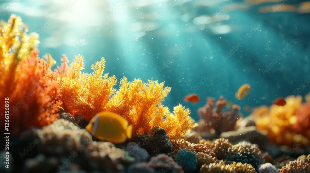 Obraz premium Vibrant Underwater Scene with Colorful Coral Reefs and Tropical Fish Swimming in Clear Blue Ocean Water