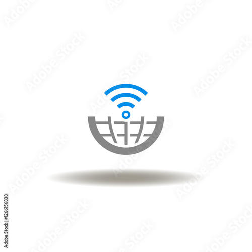 Vector illustration of earth globe half and wireless signal. Symbol of GIS Geographic Information System. Icon of IoT Internet of Things. Pictogram of global telecommunication.