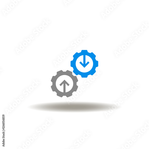 Vector illustration of gear wheels with arrows up, down. Symbol of information technology integration. Icon of integrate tech. Pictogram of downloading uploading exchange data.
