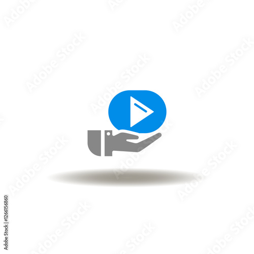 Vector illustration of hand holding or give play button. Symbol of online video media service. Icon of video player.