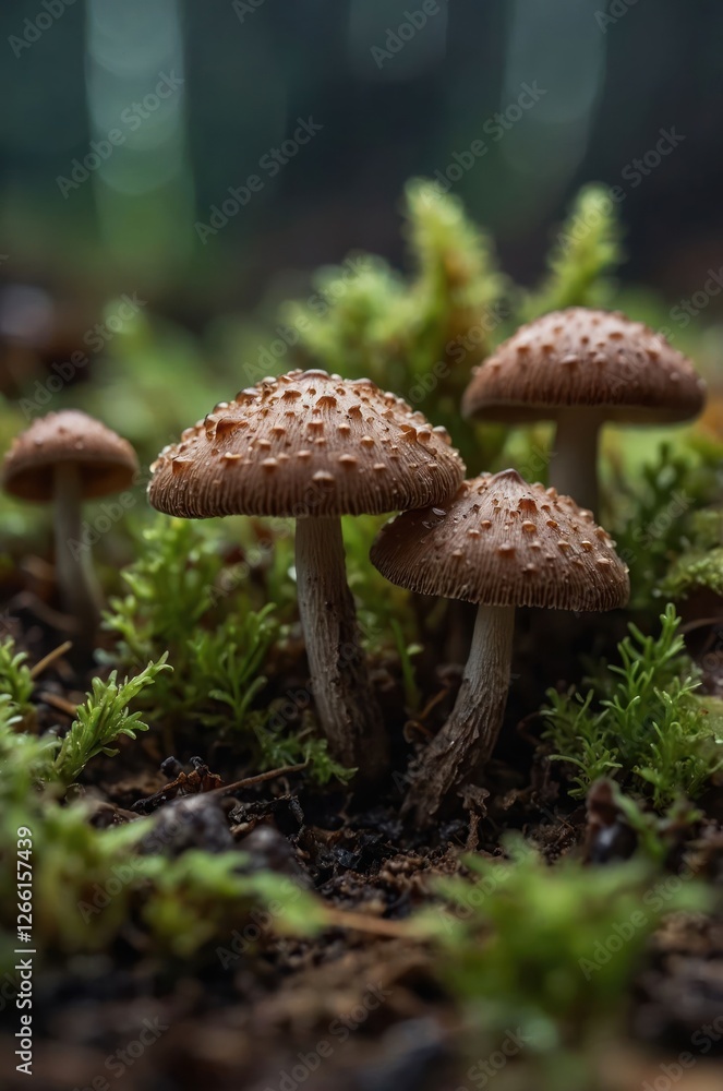 A close-up of mushrooms growing among green moss in a forest setting. A close-up of mushrooms growing among green moss in a forest setting.