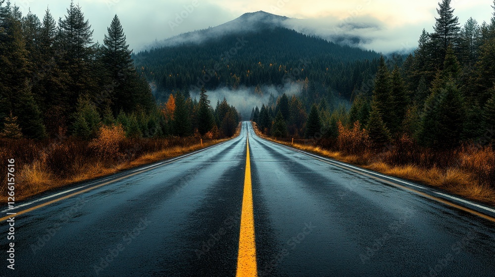 Fototapeta premium Misty Mountain Road Trip on a Rainy Autumn Day