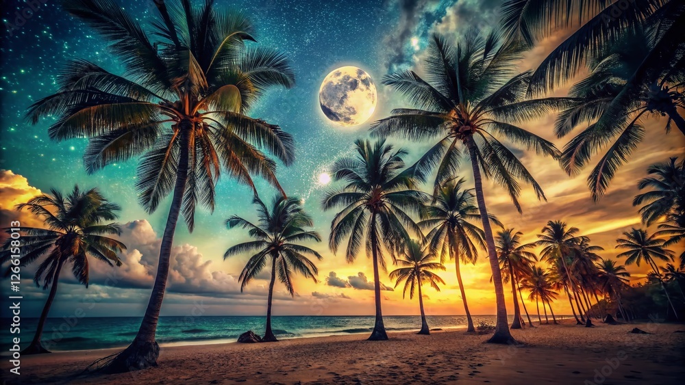Obraz premium Vintage Night Tropical Landscape: Palm Trees, Moonlit Beach, Starry Sky