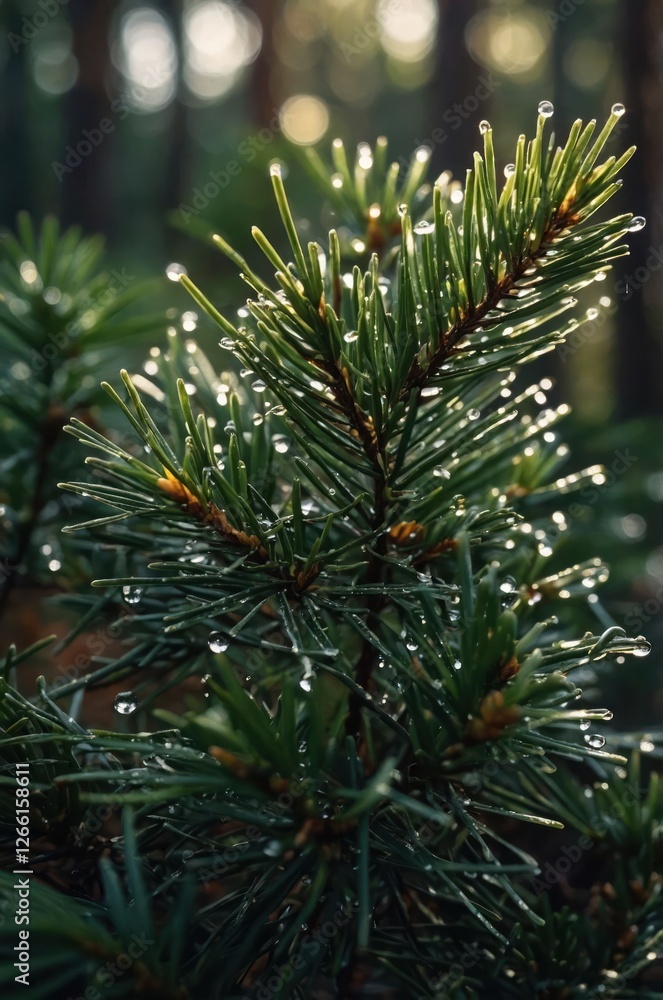 Close-up of pine needles adorned with water droplets, showcasing nature's beauty. Close-up of pine needles adorned with water droplets, showcasing nature's beauty.