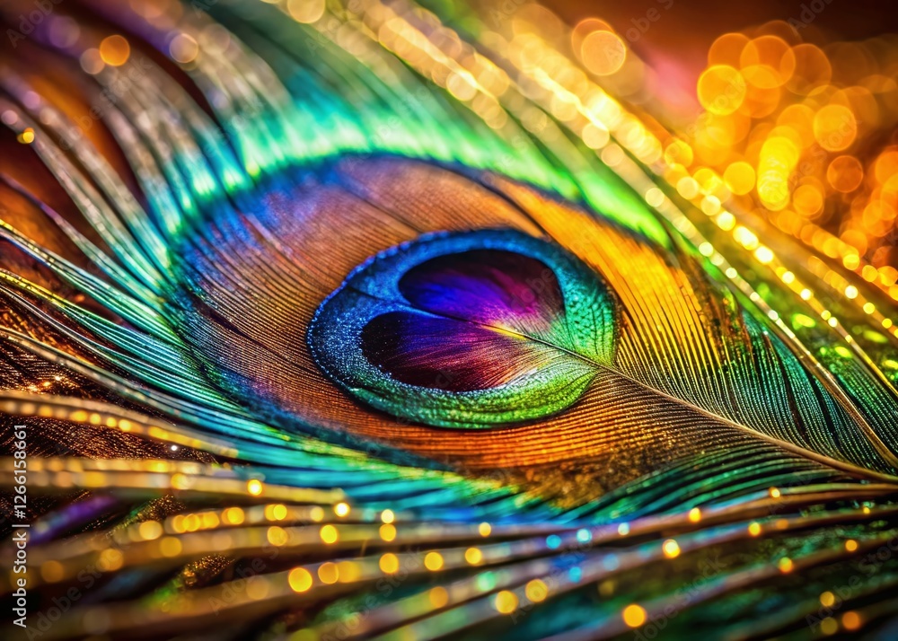 Naklejka premium Vintage Peacock Feather Close-Up: Iridescent Jewel Tones, Retro Photography