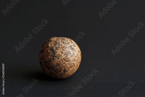 A mottled spherical stone sits against a dark background