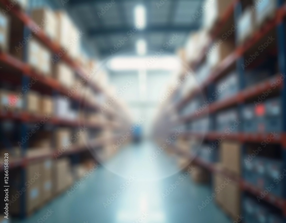 A spacious warehouse features long aisles lined with tall shelves filled with various packages. Bright overhead lights illuminate the area, creating a soft, translucent ambiance. Generative AI A spacious warehouse features long aisles lined with tall shelves filled with various packages. Bright overhead lights illuminate the area, creating a soft, translucent ambiance. Generative AI