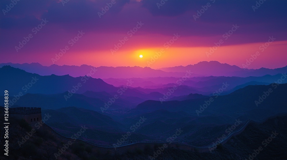 Obraz premium Sunset over the Great Wall of China mountain range