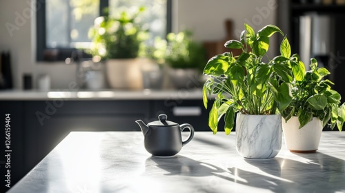 A serene kitchen scene featuring potted herbs and a teapot on a marble countertop with sunlight