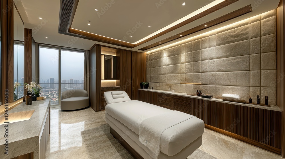 Fototapeta premium Spa room with massage table and city view background for health and wellness