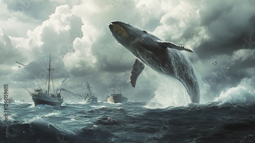 A Whale Leaps From The Ocean Past Ships