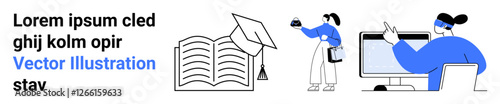 Open book with graduation cap, person conducting experiment, and seated individual working on desktop computer. Ideal for education, e-learning, research, teaching, innovation, technology flat