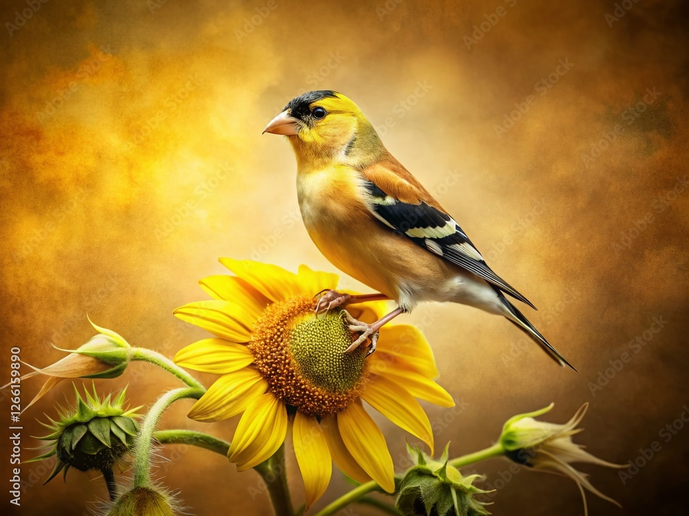 Fototapeta premium Vintage Photo of Curious Goldfinch on Sunflower