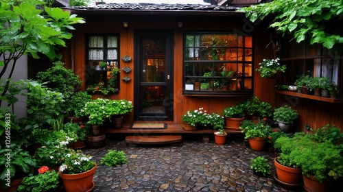 Japanese-style cottage entrance, lush garden, patio, tranquility photo