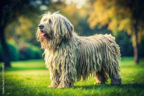 Vintage Photo of Bergamasco Shepherd Dog in Profile, Green Park Grass