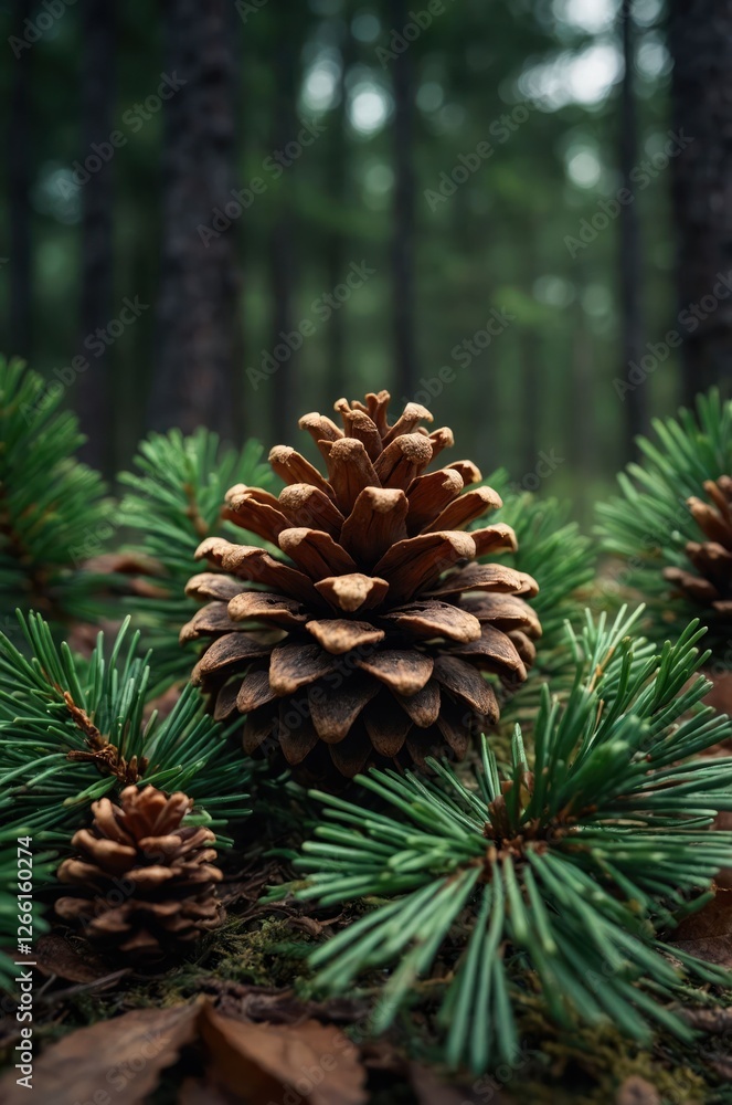 A close-up of pine cones surrounded by green pine needles in a forest setting. A close-up of pine cones surrounded by green pine needles in a forest setting.
