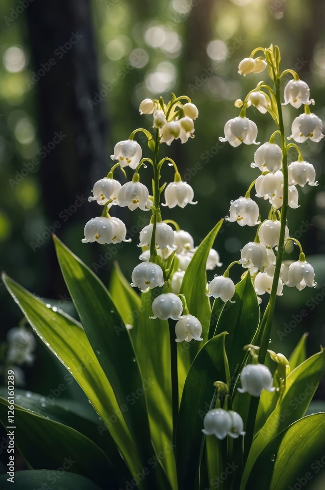 A cluster of delicate white lilies of the valley surrounded by lush green leaves in soft light. A cluster of delicate white lilies of the valley surrounded by lush green leaves in soft light.