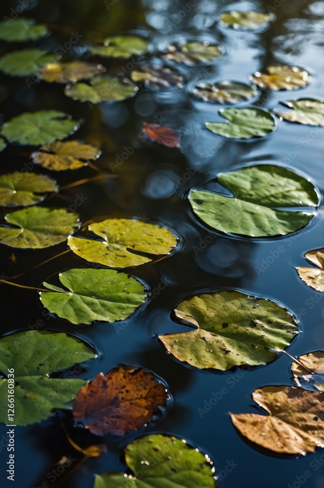 A serene view of lily pads floating on calm water, reflecting natural beauty. A serene view of lily pads floating on calm water, reflecting natural beauty.