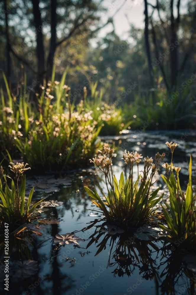A serene wetland scene with blooming plants reflecting in the water. A serene wetland scene with blooming plants reflecting in the water.