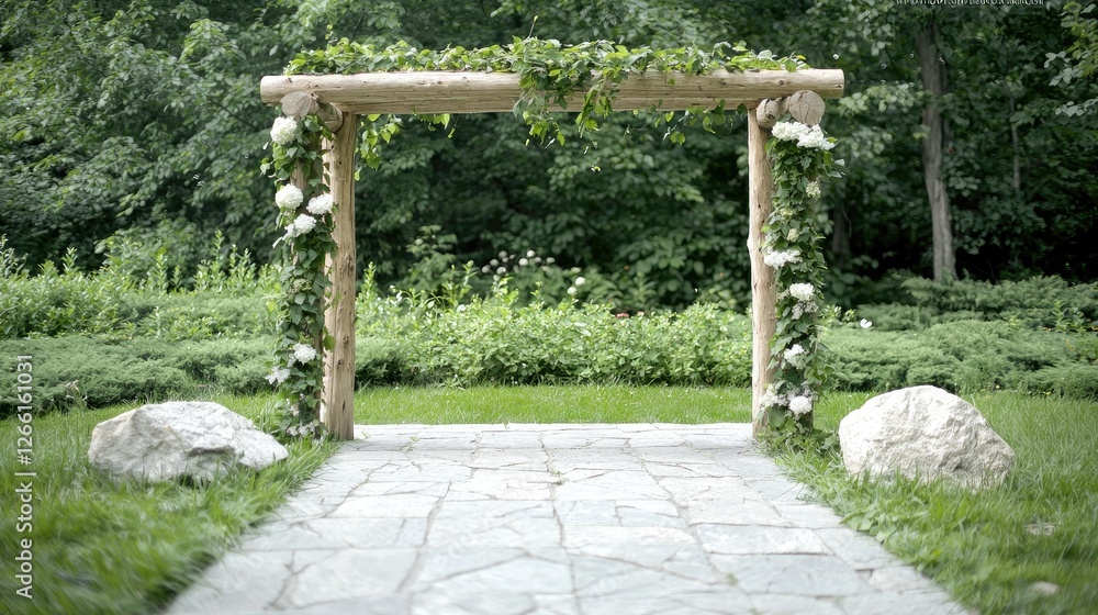 Wooden wedding archway, garden path, floral decor, lush greenery background Wooden wedding archway, garden path, floral decor, lush greenery background