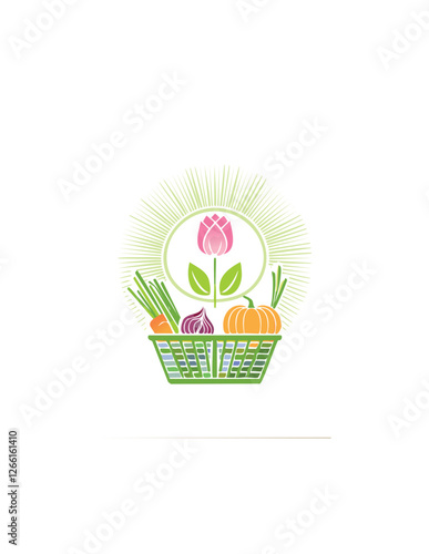 A green basket filled with vegetables and a pink tulip, illuminated by radiant green rays.