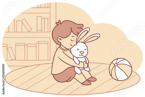 A child joyfully hugs a plush rabbit while sitting on a colorful ball in a cozy room with bookshelves.eps