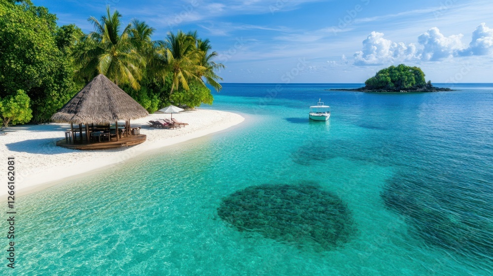 Fototapeta premium Tropical island beach hut, relaxation, turquoise water, boat in distance
