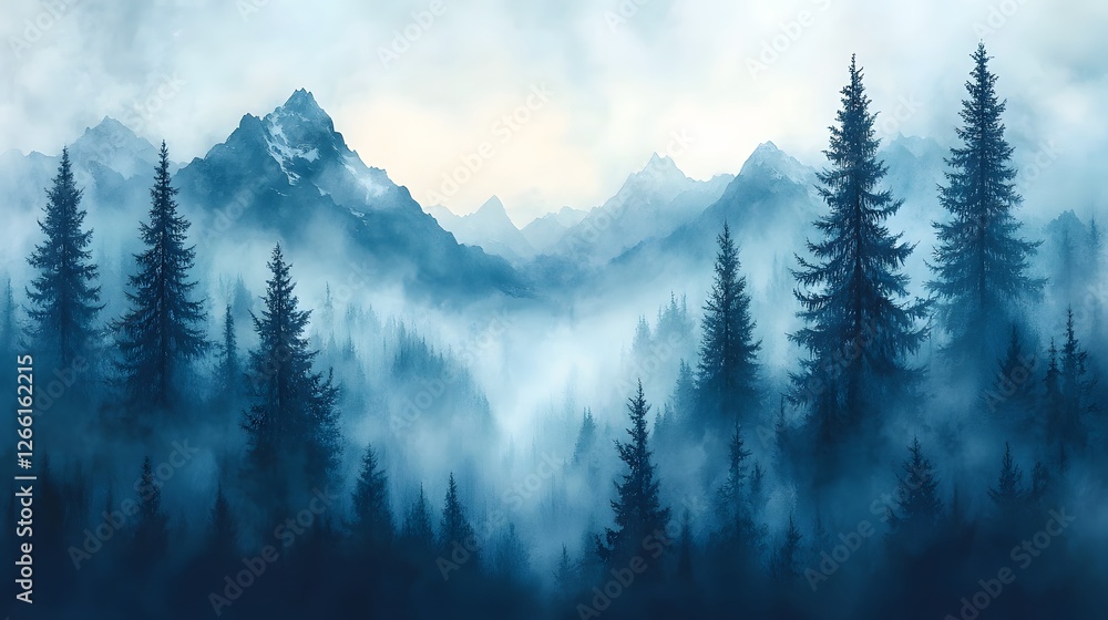 Obraz premium Ethereal mountains panorama shrouded in mist among coniferous trees