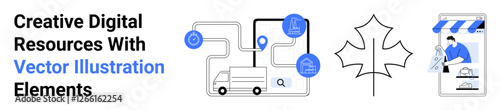 Delivery route, location pins, truck, map, leaf design, and digital storefront. Ideal for logistics, travel, e-commerce sustainability tech branding app design flat landing page banner