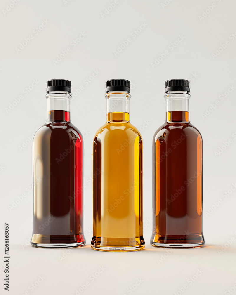 Unique collection of three glass bottles containing various liquids arranged on a light backdrop Unique collection of three glass bottles containing various liquids arranged on a light backdrop