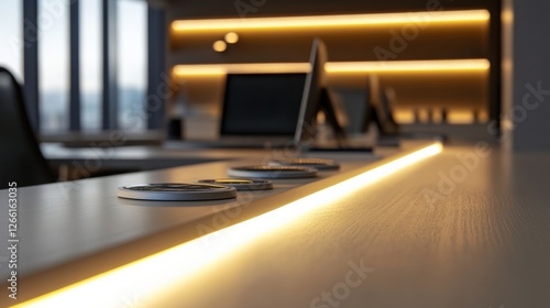 A detailed view highlighting the intricate dimmer controls positioned alongside the LED lighting array with varying brightness levels casting soft shadows and enhancing the dynamic photo