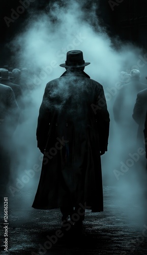 Silhouette Of A Person In A Coat And Hat Walking Through A Crowd In Foggy Scene Using Dark Lighting Techniques And Atmospheric Effects To Convey Mystery And Intrigue,A Person Walking On A City Street photo