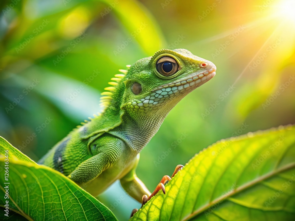 Fototapeta premium Vintage Sri Lanka Green Lizard on Leaf - Stock Photo