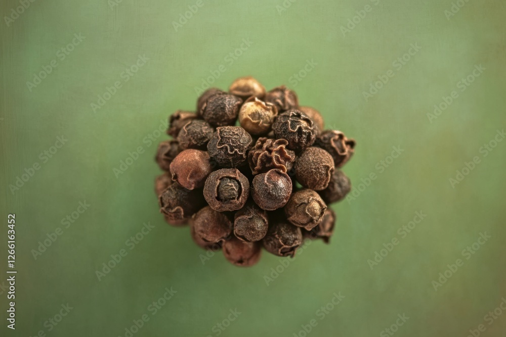 Pile of black peppercorns displayed against a green background Pile of black peppercorns displayed against a green background