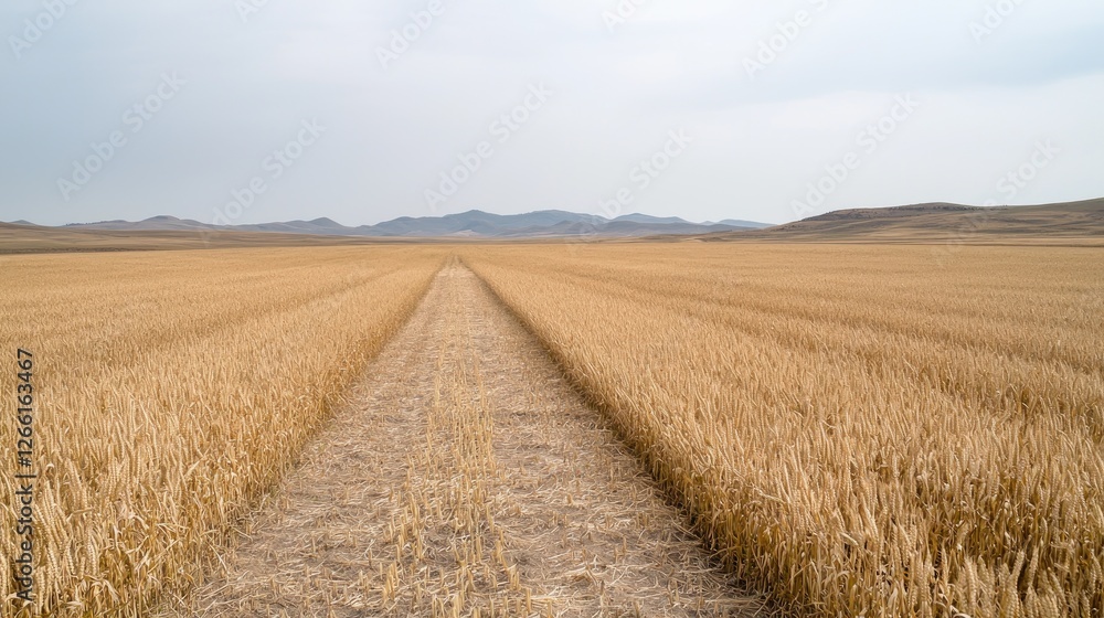 Fototapeta premium Empty Field Path Leading to Distant Mountains