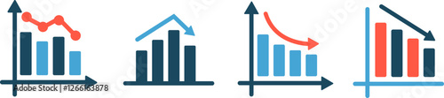 Bar chart icons.Growing chart with arrow.Business graph  icons.Statistic charts diagrams with down or up arrows. Vertical bar chart with different heights.Data analytics vector icons.